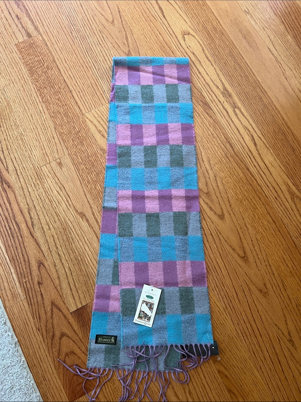Checked Purple & Blue Irish Wool-Blend Scarf by Boru Blarney Woolen Mills